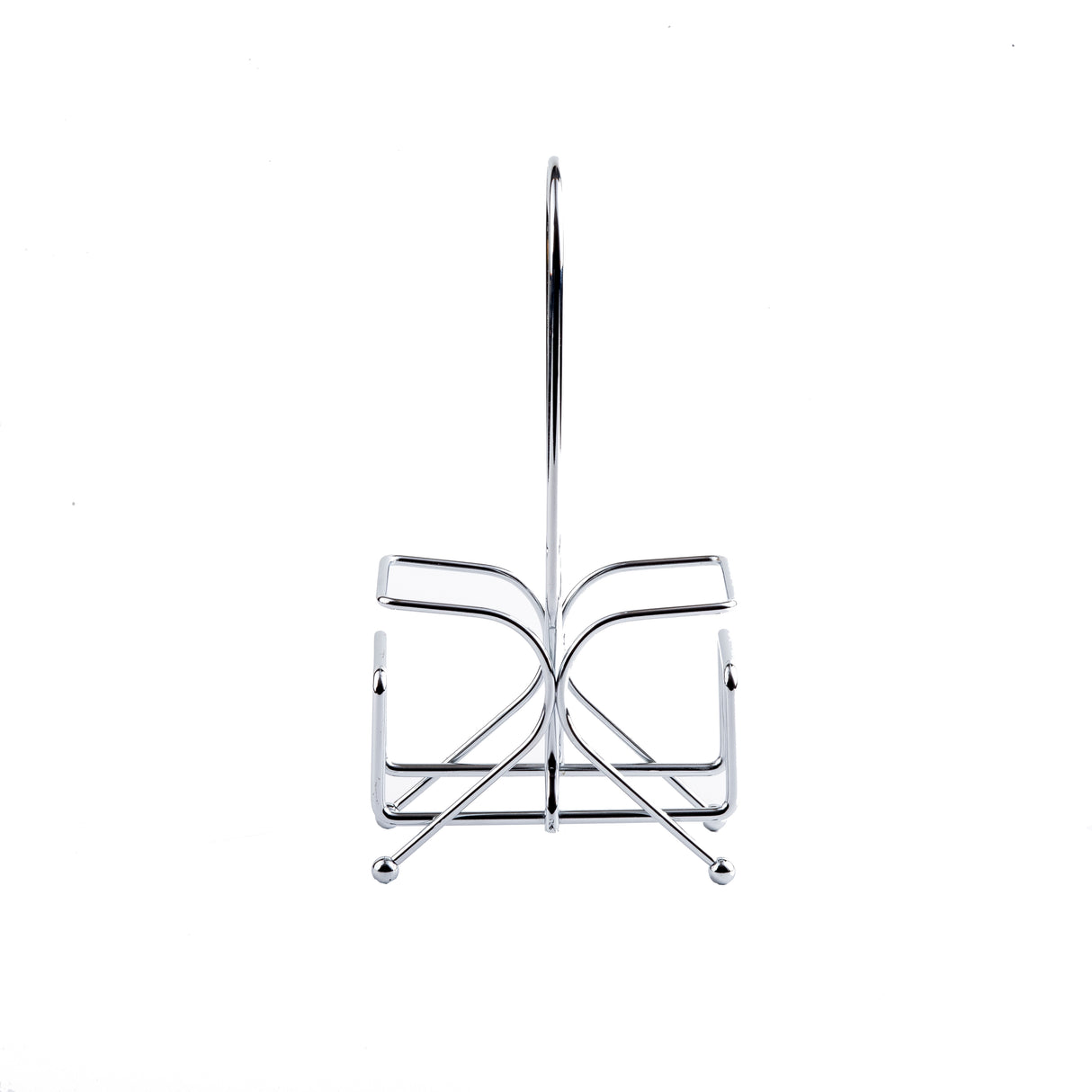 A TableCraft chrome plated napkin rack featuring a curved, symmetrical design on both sides, resting on four small spherical feet, all set against a plain white background. The holder is empty and viewed from the front with its central handle upright.