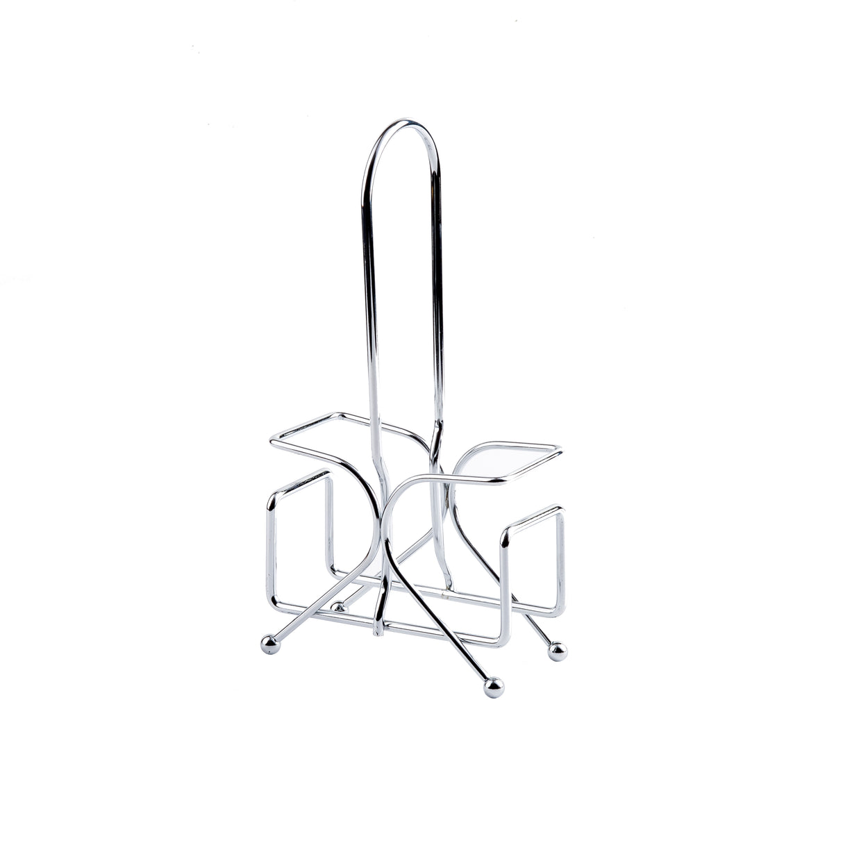 A chrome plated metal rack with four square-edged holders and a tall, central handle. The minimal TableCraft design features four small spherical feet and an open, geometric structure with a shiny, reflective finish.