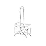 A chrome plated metal rack with four square-edged holders and a tall, central handle. The minimal TableCraft design features four small spherical feet and an open, geometric structure with a shiny, reflective finish.