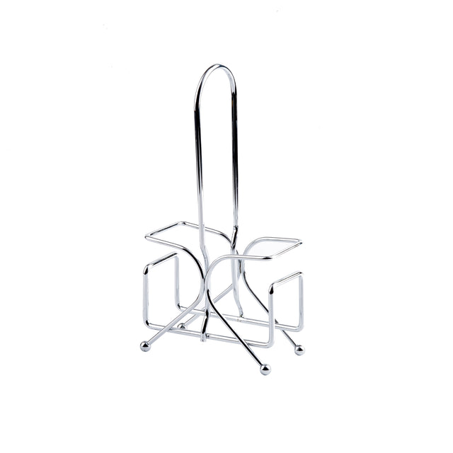 A chrome plated metal rack with four square-edged holders and a tall, central handle. The minimal TableCraft design features four small spherical feet and an open, geometric structure with a shiny, reflective finish.