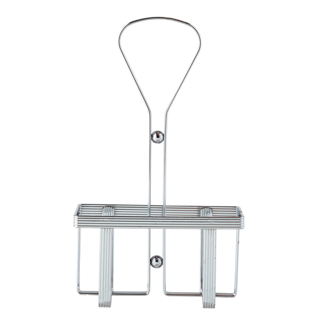 A chrome plated TableCraft wall-mounted shower rack with a rectangular basket, two supporting vertical bars, a top handle for hanging, and two screw holes for mounting. The rack is empty and displayed against a white background.