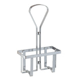 A minimalist, silver-colored TableCraft shower caddy rack featuring a chrome plated metal wire basket and a tall, looped handle. Designed to hang in your bathroom for stylish and practical toiletry storage.