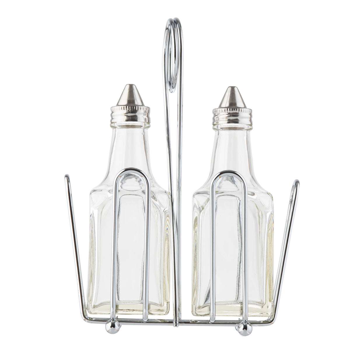 Two glass bottles with stainless steel tops sit side by side in a silver metal wire holder with a central handle, designed for easy carrying. This Oil & Vinegar Dispenser keeps the bottles upright and secure while adding simple charm to your table.