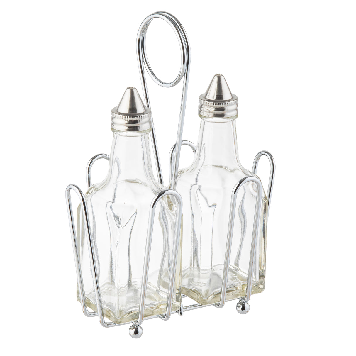 Two clear glass bottles with stainless steel tops are held in a shiny silver caddy. Perfect as an Oil & Vinegar Dispenser, the caddy has a handle loop and four side supports, securely holding the empty bottles upright and side by side.