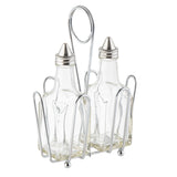 Two clear glass bottles with stainless steel tops are held in a shiny silver caddy. Perfect as an Oil & Vinegar Dispenser, the caddy has a handle loop and four side supports, securely holding the empty bottles upright and side by side.