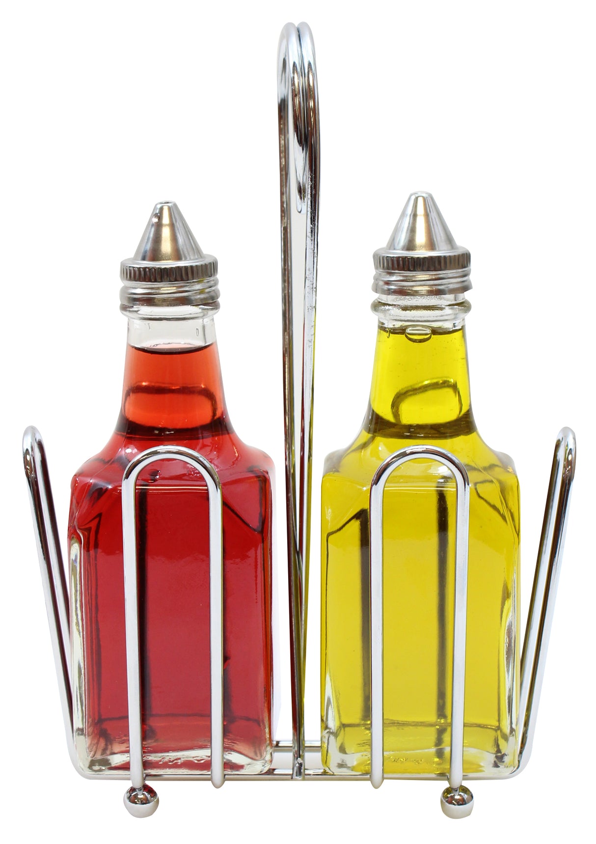 Two square glass bottles with stainless steel tops, filled with red and yellow liquids, sit side by side in an Oil & Vinegar Dispenser holder with a central handle. The glass bottles rest against a plain white background.