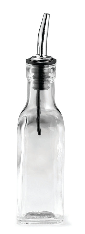 A clear 6 oz. glass Oil & Vinegar Bottle with a square base, filled with transparent liquid. It features a stainless steel pourer with a black rubber stopper, perfect for kitchen or dining table use. The background is plain white.