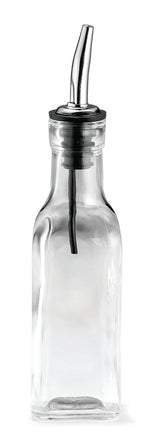 A clear 6 oz. glass Oil & Vinegar Bottle with a square base, filled with transparent liquid. It features a stainless steel pourer with a black rubber stopper, perfect for kitchen or dining table use. The background is plain white.