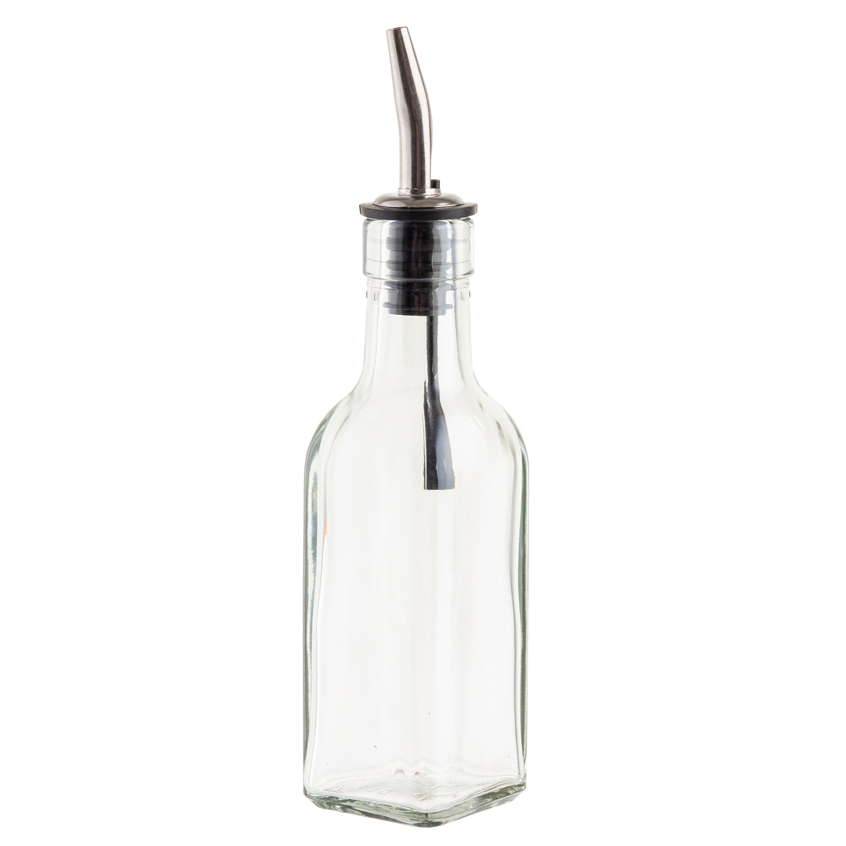 A clear, empty TableCraft 60125 Oil & Vinegar Bottle with a stainless steel pourer is attached at the top. The bottle has a simple, hexagonal shape and stands upright on a white background.