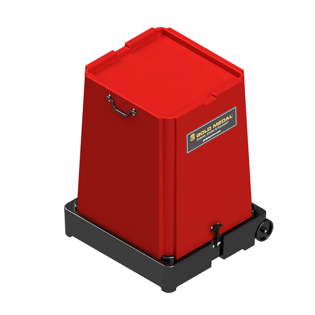 A red, rectangular U-Tote-It Popper with a sloped top, black base, side handles, a wheel on one side, and a Gold Medal label on the front; likely used for carrying or storing popcorn and other food concession items.