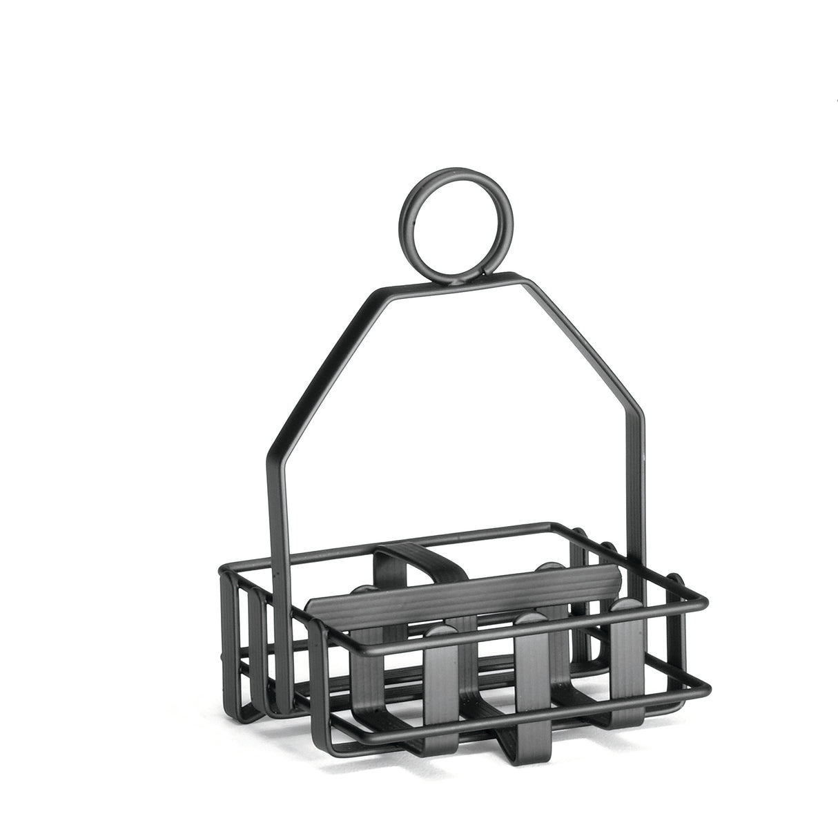A small, black metal caddy with a square base and minimalist wire-frame design. Perfect as a condiment rack or for salt and pepper shakers, it features a vertical handle topped with a merchandising ring for easy carrying or hanging. Contents remain visible.
