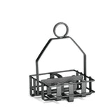 A small, black metal caddy with a square base and minimalist wire-frame design. Perfect as a condiment rack or for salt and pepper shakers, it features a vertical handle topped with a merchandising ring for easy carrying or hanging. Contents remain visible.