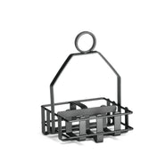 A small, black metal caddy with a square base and minimalist wire-frame design. Perfect as a condiment rack or for salt and pepper shakers, it features a vertical handle topped with a merchandising ring for easy carrying or hanging. Contents remain visible.