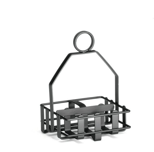 A small, black metal caddy with a square base and minimalist wire-frame design. Perfect as a condiment rack or for salt and pepper shakers, it features a vertical handle topped with a merchandising ring for easy carrying or hanging. Contents remain visible.