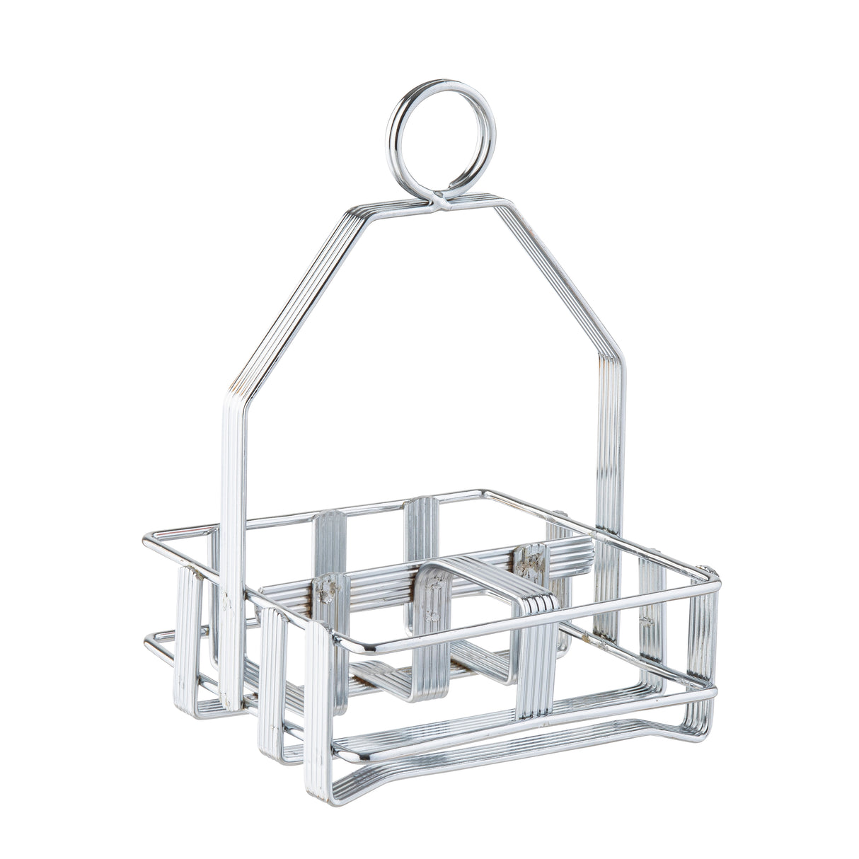 A chrome plated TableCraft condiment rack, this silver metal wire caddy features a square base, open sides, and a handle that extends upward into a round loop. Perfect for holding bottles or jars, it’s shown on a white background.