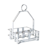 A chrome plated TableCraft condiment rack, this silver metal wire caddy features a square base, open sides, and a handle that extends upward into a round loop. Perfect for holding bottles or jars, it’s shown on a white background.