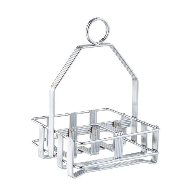 A chrome plated TableCraft condiment rack, this silver metal wire caddy features a square base, open sides, and a handle that extends upward into a round loop. Perfect for holding bottles or jars, it’s shown on a white background.