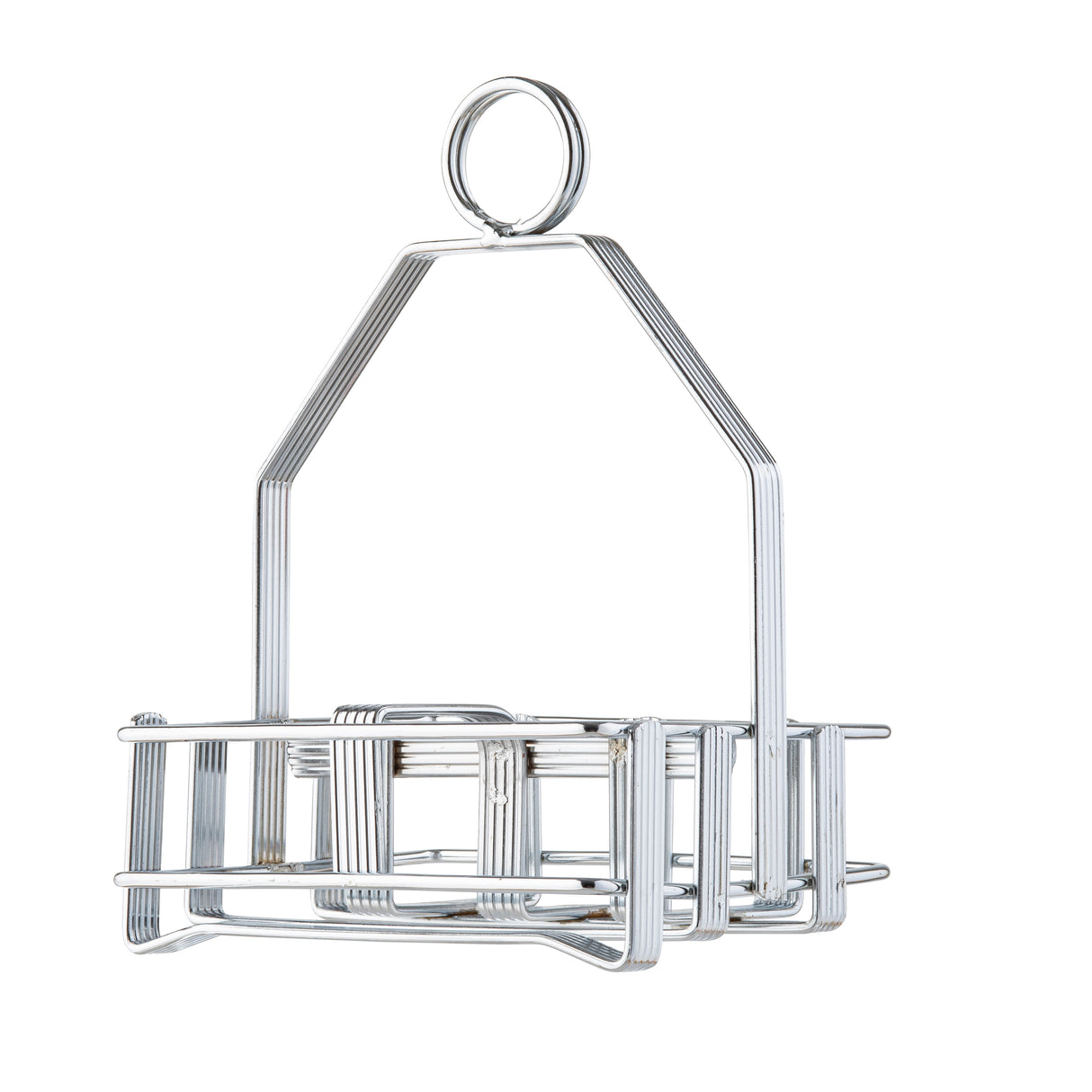A chrome plated metal wire puzzle resembling a TableCraft condiment rack features interlocking silver rods forming a rectangular base and handle, with a circular ring at the top. The intricate design challenges problem-solving skills and is set against a white background.