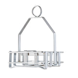 A chrome plated metal wire puzzle resembling a TableCraft condiment rack features interlocking silver rods forming a rectangular base and handle, with a circular ring at the top. The intricate design challenges problem-solving skills and is set against a white background.