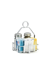 A chrome plated TableCraft condiment rack holds two glass shakers and three rows of sweetener packets—blue, white, and yellow. The rack features a handle with a circular loop at the top, all set against a plain white background.