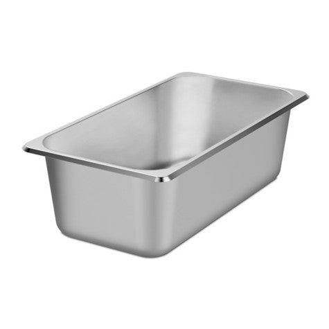 A rectangular stainless steel food pan with rounded corners and a smooth, shiny surface. Ideal as a WCM3 Chocolate Melter pan replacement, it features a flat rim and straight sides, perfect for commercial food storage or serving. Plain white background.