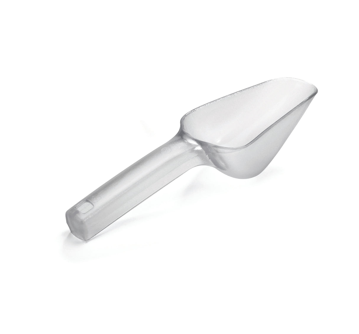 A transparent Tritan ice scoop with a flat bottom, slanted sides, and a rounded tip. Made from BPA free plastic, it features a solid handle with a small hole near the end for hanging. The scoop is displayed on a white background.