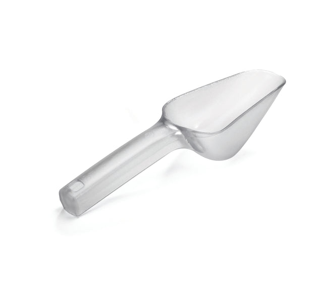 A transparent Tritan ice scoop with a flat bottom, slanted sides, and a rounded tip. Made from BPA free plastic, it features a solid handle with a small hole near the end for hanging. The scoop is displayed on a white background.