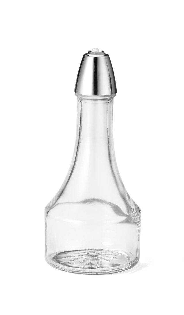 A clear, empty 8 oz glass bottle Oil & Vinegar Dispenser with a wide base, narrowing neck, and shiny metal screw-top lid. The dispenser is placed upright on a plain white background.