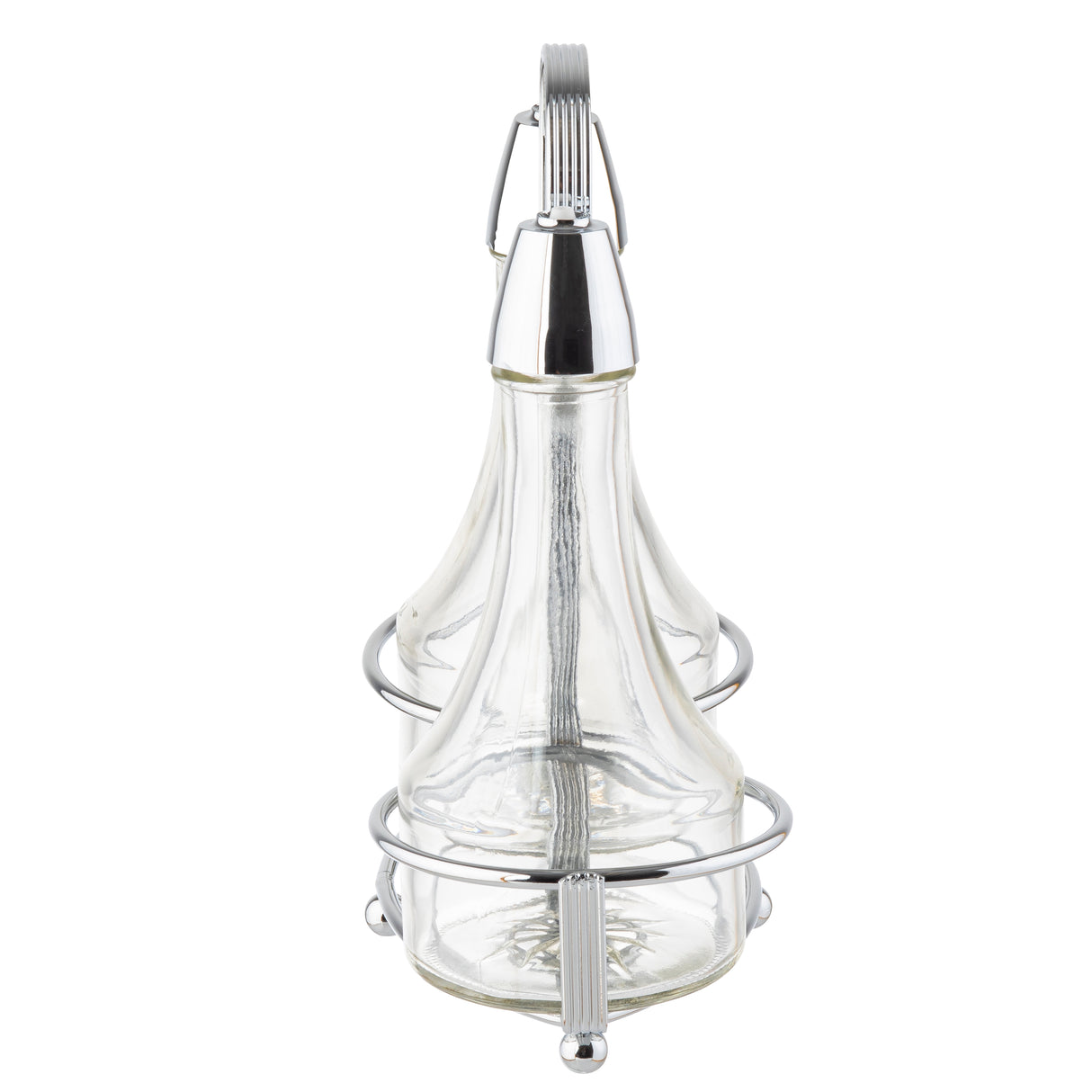 Two clear glass bottles with metal tops sit side by side in a chrome plated rack with a handle. These Oil & Vinegar Dispensers are empty and perfect for serving at the dining table. The background is white.