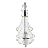 Two clear glass bottles with metal tops sit side by side in a chrome plated rack with a handle. These Oil & Vinegar Dispensers are empty and perfect for serving at the dining table. The background is white.