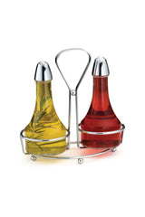 Two glass bottles serve as an Oil & Vinegar Dispenser in a sleek, chrome plated rack; one holds yellow olive oil with rosemary, the other red vinegar. Both feature silver caps and stand elegantly on a white background.