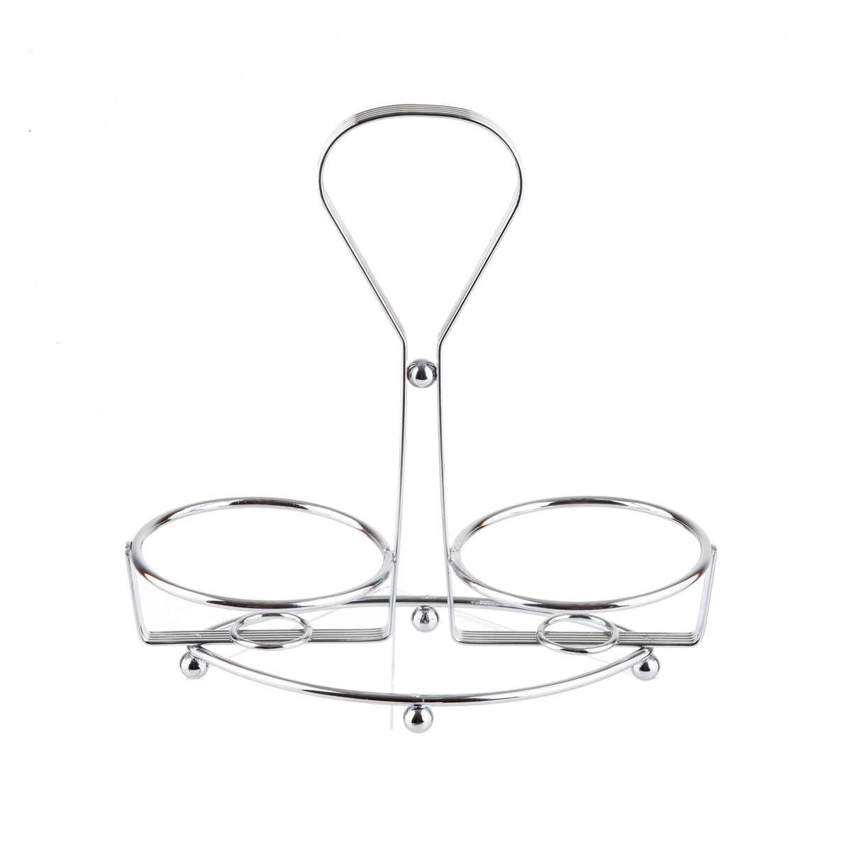 A TableCraft Oil & Vinegar Dispenser Rack, chrome plated with a central handle and two circular sections for bottles or jars. Its shiny, minimalist design features four round feet for stability, shown against a white background.