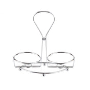 A TableCraft Oil & Vinegar Dispenser Rack, chrome plated with a central handle and two circular sections for bottles or jars. Its shiny, minimalist design features four round feet for stability, shown against a white background.