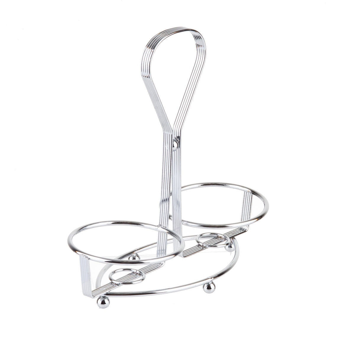 A shiny, chrome plated TableCraft Oil & Vinegar Dispenser Rack with two circular compartments and a central handle. The minimalist holder stands on four small ball feet, perfect for carrying bottles or glasses. Set against a plain white background.