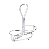 A shiny, chrome plated TableCraft Oil & Vinegar Dispenser Rack with two circular compartments and a central handle. The minimalist holder stands on four small ball feet, perfect for carrying bottles or glasses. Set against a plain white background.