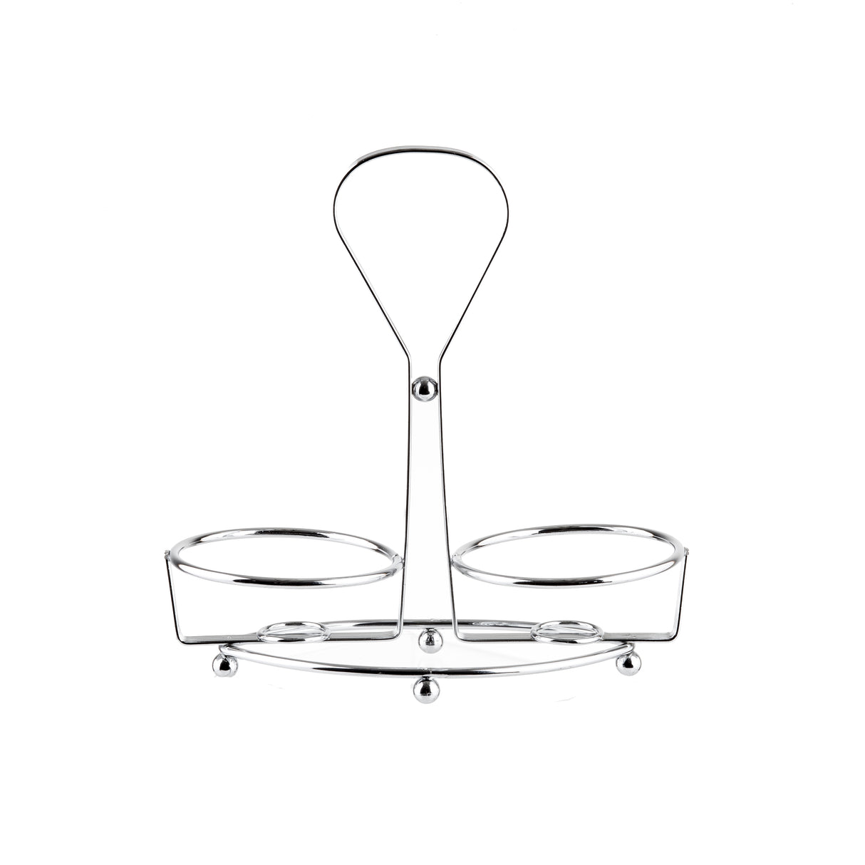 A chrome plated TableCraft Oil & Vinegar Dispenser Rack, featuring a central handle and two circular compartments to hold jars or glasses. Its simple, open structure has a polished finish and stable base, set against a plain white background.