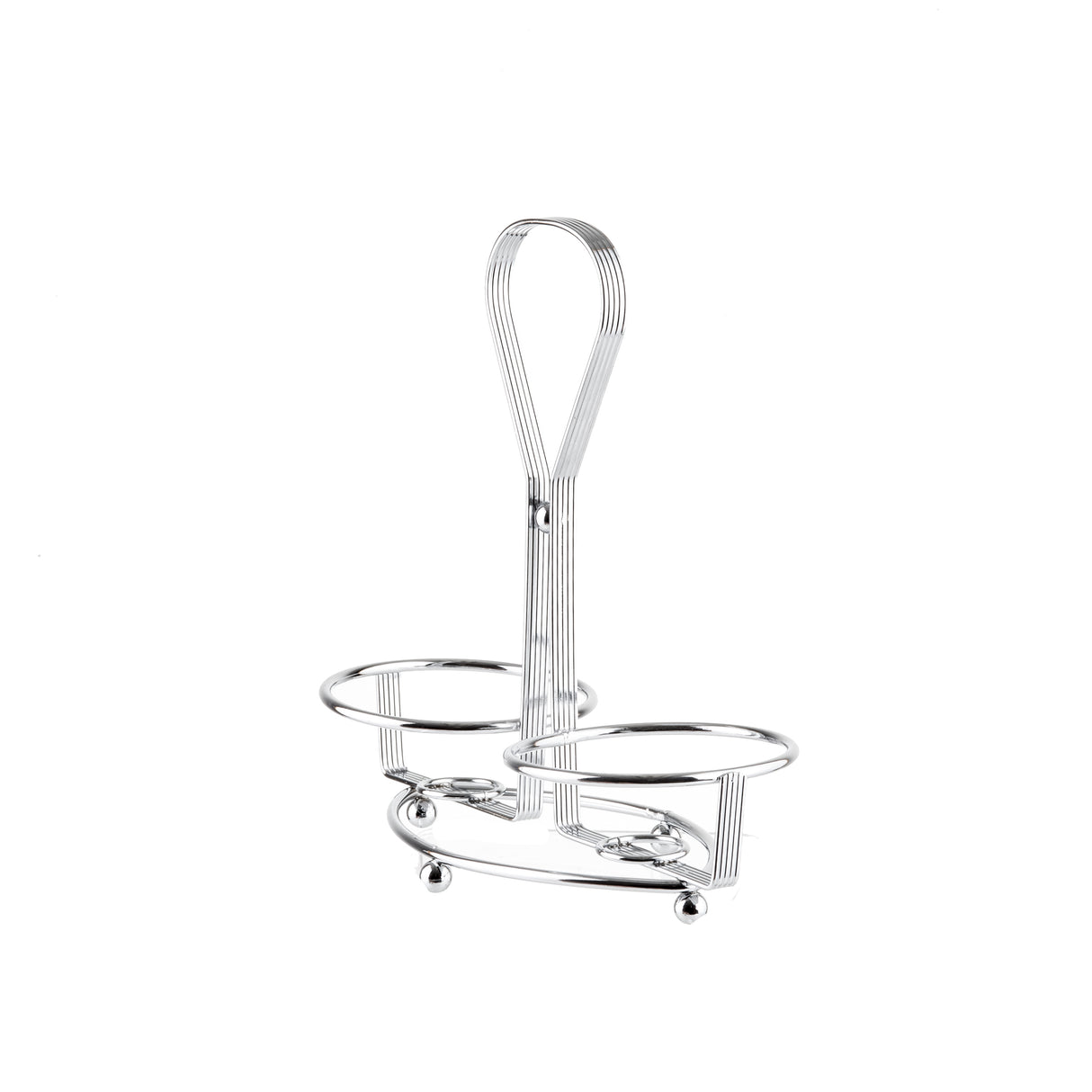 A chrome plated metal egg cup holder with two circular rings for eggs, a central vertical handle, and four rounded feet. This TableCraft piece shines with a silver finish and is photographed on a plain white background.