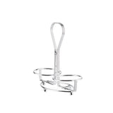 A chrome plated metal egg cup holder with two circular rings for eggs, a central vertical handle, and four rounded feet. This TableCraft piece shines with a silver finish and is photographed on a plain white background.