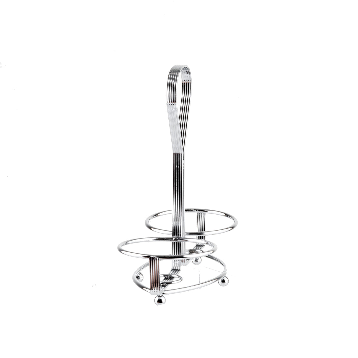 A shiny, chrome plated metal paper towel holder with a vertical handle and circular base, designed with sleek, curved wires and small round feet—classic TableCraft style—standing upright on a plain white background.