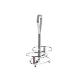 A shiny, chrome plated metal paper towel holder with a vertical handle and circular base, designed with sleek, curved wires and small round feet—classic TableCraft style—standing upright on a plain white background.