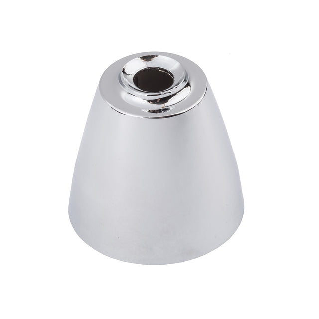 A shiny, metallic, cone-shaped object with a flat base and a circular hole on top, the TableCraft 608T features a polished, chrome plated surface reminiscent of an Oil & Vinegar Dispenser escutcheon, set against a plain white background.