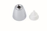 A metallic, cone-shaped Oil & Vinegar Dispenser with a chrome plated finish and a black circular button on top is placed next to a small white plastic nozzle. Both items are on a white background.
