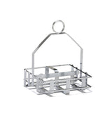 A chrome plated rectangular metal toast rack with five vertical slots for holding slices of toast upright, a flat base, and a looped handle on top for easy carrying. Its simple, minimalist design complements any condiment rack.
