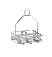 A chrome plated rectangular metal toast rack with five vertical slots for holding slices of toast upright, a flat base, and a looped handle on top for easy carrying. Its simple, minimalist design complements any condiment rack.