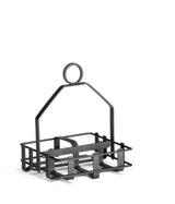 A black powder coated metal caddy with an open rectangular frame, grid-like sides, and a rounded handle at the top. This minimalist condiment rack is perfect for holding bottles, salt and pepper shakers, or other items. Plain white background.
