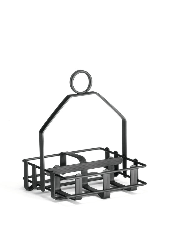 A black powder coated metal caddy with an open rectangular frame, grid-like sides, and a rounded handle at the top. This minimalist condiment rack is perfect for holding bottles, salt and pepper shakers, or other items. Plain white background.
