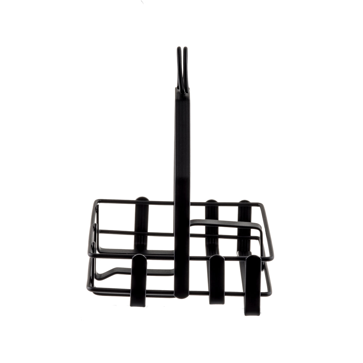 A black powder coated metal wire toast rack with four slots for holding slices of toast upright, viewed from the front. The rack has a central handle at the top for easy carrying and is isolated on a white background.
