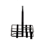 A black powder coated metal wire toast rack with four slots for holding slices of toast upright, viewed from the front. The rack has a central handle at the top for easy carrying and is isolated on a white background.