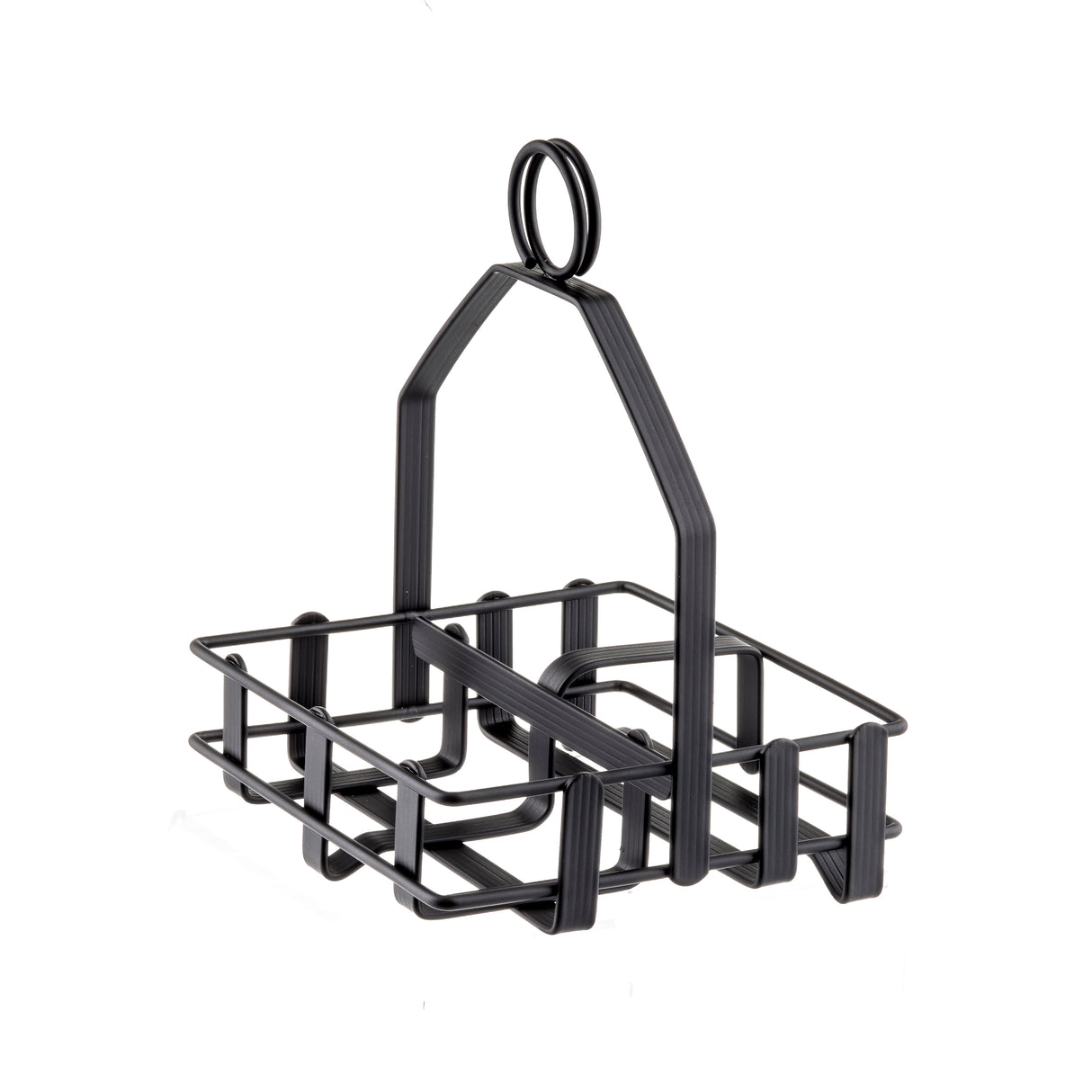 A black powder coated metal basket with a rectangular base and open grid sides, featuring sturdy vertical supports and a looped handle on top. This minimal condiment rack is ideal for holding salt and pepper shakers or organizing small items.