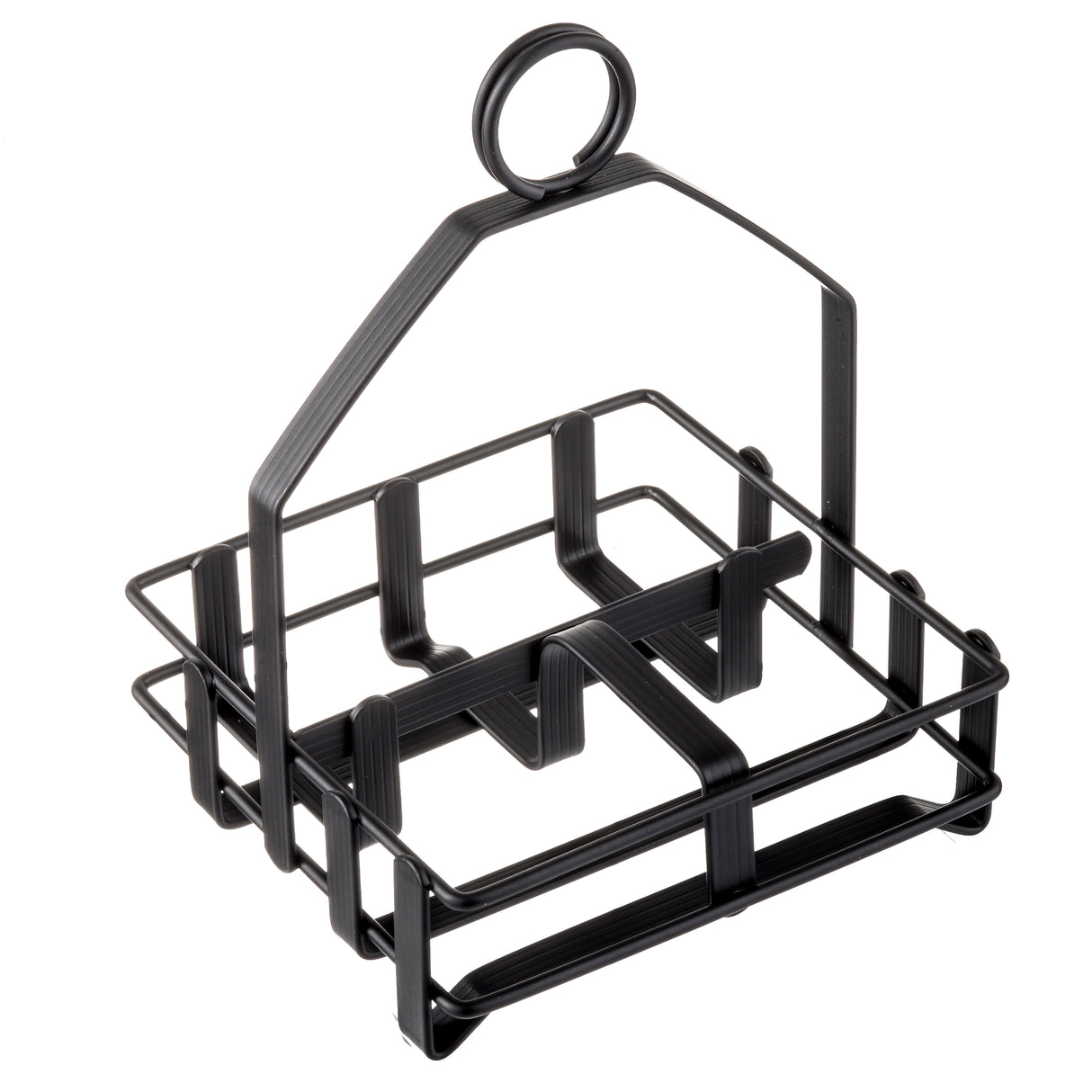 A black powder coated metal wire basket with a square base, perfect as a condiment rack or for salt and pepper shakers. It features four sections, open sides, and a central handle with a circular loop for easy carrying.